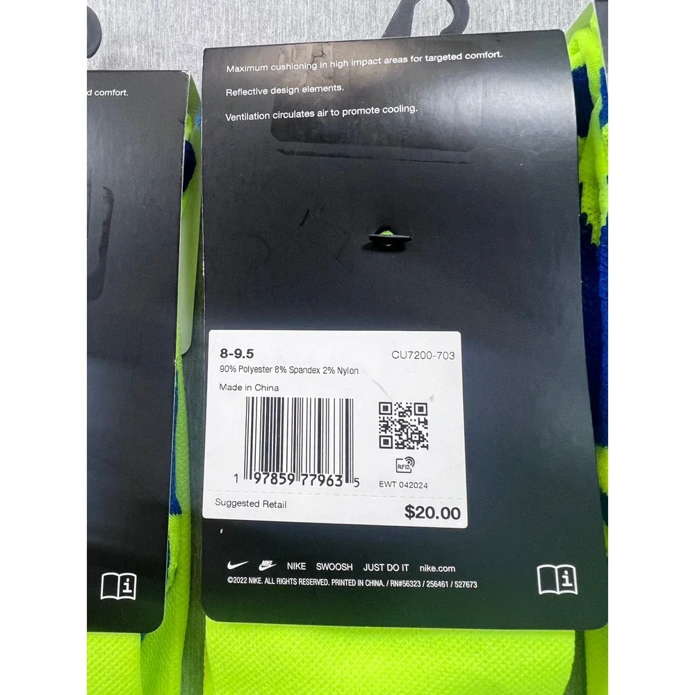 3 Nike Spark Running Crew‎ Socks Volt Yellow Dri-FIT Cushioned M 8-9.5 W 9.5-11